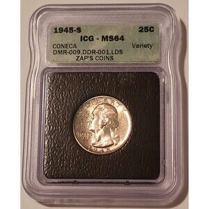 1945 S Washington Quarter Coneca DMR-009 Ddr-001 LDS MS64 ICG Toning
